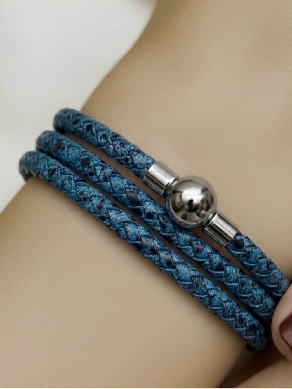 Linx Triple Blue & Black Leather Braided Cord Bracelet with Magnetic Clasp